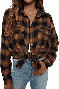 Flannel Long Sleeve Shirts for Women Casual Plaid Button Down Plaid Shirt Tops 2023 Fall Lapel Shacket Jacket Coats