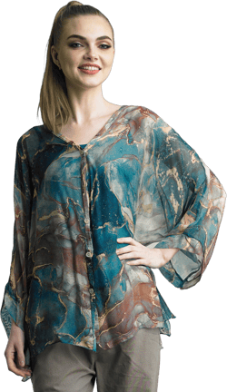 Women's silk button blouse with floral abstract print, lined