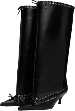 Goolita Women's Pointed Toe Metal Eyelets Knee High Boots Kitten Heel Lace Up Bow Slip on Wide Calf Tall Boots 9.5 Black