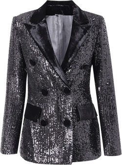 Women's Shiny Sequins Blazer Jacket Black Double Breasted Outwear Lady Business Office Work Blazer Suits Party Dinner Prom