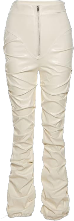 Sumleno High Waist Stacked Pants for Women Faux Leather Ruffle Ruched Leggings Y2k Black Pleated Sexy Aesthetic Streetwear Small Beige