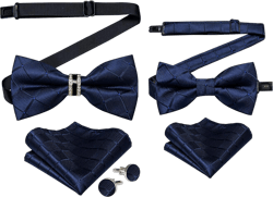 DiBanGu 2PCS Father and Son Bow Tie Silk Mens and Boys Pre-tied Bowtie & Pocket Square Cufflinks Set Kids Adjustable Bow Tie Navy Blue