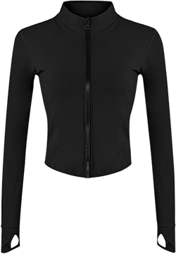 Women's Full Zip Lightweight Running Yoga Slim Fit Cropped Bbl Jacket Workout Sportwear With Thumb Holes Black Medium