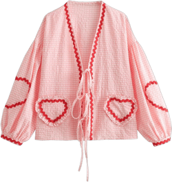 Tie Front Tops for Women Gingham Babydoll Bow Top Puff Sleeve Coquette Tops Heart Long Sleeve Cute Top Light Pink Large