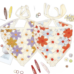 2Pcs Crochet Bandanas for Women, Floral Bandana Headband Boho Tie Headscarf, Vintage Cotton Triangle Hair Scarf Flower Knitted Headband, Cute Hair Bandana for Girls Head Kerchief