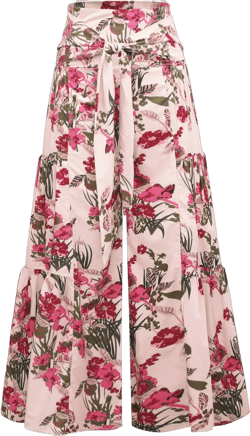 Women's Boho Wide Leg Pants Elastic High Waist Floral Palazzo Pants Summer Beach Loose Casual Plus Size Flowy Flared Lounge Trousers with Belt Light Pink Large