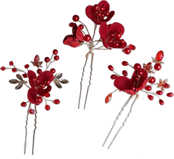 Chargances Set of 3pcs Red Hair Pins Bridal Flower Pearl Hair Pins Bridal Headpiece Crystal Hair Pin Wedding Hair Accessories Sparkle Boho Delicate Handmade Gold Jewelry Gift for Women and Girls
