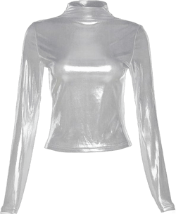 ANKOMINA Women Metallic Silver Crop Tops Short Sleeve Round Neck T Shirt Tee Blouse Y2k Clothes for Streetwear Night Club Large Silver(long Sleeve)