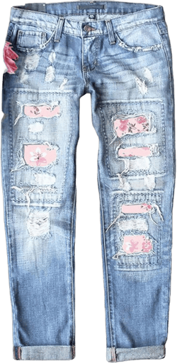 Women Casual Ripped Jeans Floral Print Patched Stretch Mid-Rise Straight Leg Denim Pants Distressed Washed Jeans with Pockets 4X-Large Type - B