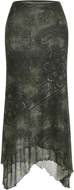 Verdusa Women's Floral Print Mesh Asymmetrical Hem Midi Skirt High Waist Casual Long Skirts Medium Army Green
