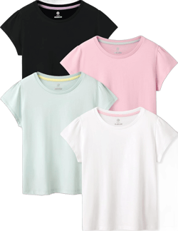 LAPASA Kids T-Shirts Short Sleeve (4 Pack) 100% Cotton Plain Top Tees Boy & Girl Unisex Toddler Children Tie Dye Summer K01 5-6 Years White, Black, Aqua, Baby Pink