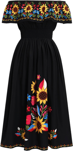 Women Mexican Dress Summer Floral Print Traditional Ethnic Wear Off Shoulder Beach Holiday Party Long Maxi Gowns Small Black Sunflower