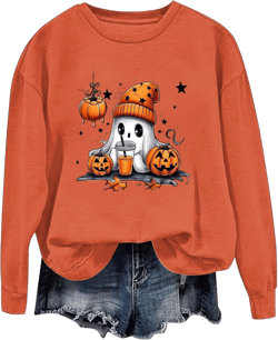 Halloween Sweatshirt for Women Funny Pumpkin Graphic Fall Pullover Crewneck Long Sleeve Dressy Sweater (Orange, XL) Orange X-Large