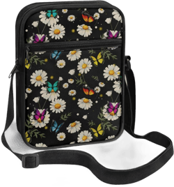 TODIYADDU Messenger Bag for Women Men Mini Shoulder Bag with Adjustable Straps Trendy Crossbody Sling Bag for Cell Phone Keys White Daisy Flower Butterfly Leaves