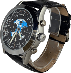 Lisa International Men's 100% Genuine Leather Automatic Watch Silver Bezel, Black-Blue Dial, Black Band