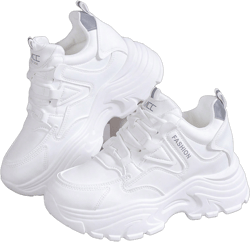 8cm Invisible Height Increasing Platform Chunky Comfortable Casual Sneakers For Short Women, Suitable With Wide-Leg Trousers & Jeans, Leather, Spring And Autumn,Lace-Up White Shoes For Women