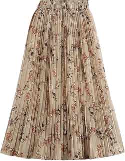 Women Chiffon Pleated Skirt Spring Summer Vintage Floral Print Boho Beach High Waist Midi Long Skirt One Size Apricot