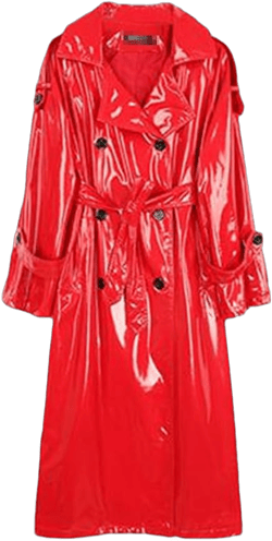 FULBHPRINT Women Long Waterproof Black Patent Leather Trench Coat, Double Breasted Iridescent Oversized Leather Coat Small Red