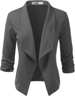 DOUBLJU Ruched 3/4 Sleeve Open Front Draped Blazers Business Casual Basic Work Jackets for Womens Clothes with Plus Size Medium Charcoal