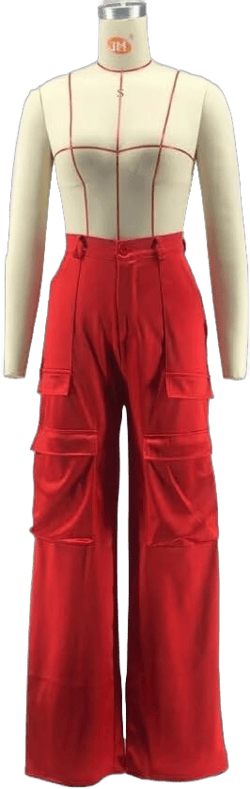 PRIVIMIX Women High Waisted Satin Cargo Pants Y2K Multi Pockets Straight Leg Casual Trousers Large Red