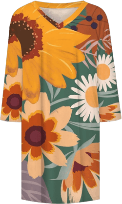 Womens 3/4 Sleeve T-Shirt Dress Casual V-Neck Sunflower Floral Printed Tunic Swing Dresses #26orange XX-Large
