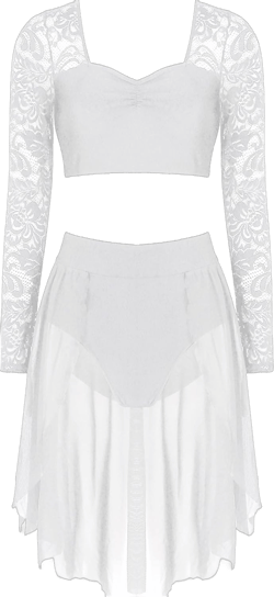 Women 2 Pieces Lyrical Contemporary Dance Costume Ballet Crop Top Dance Dress Outfits Asymmetric Dancewear White Medium