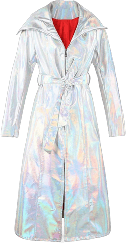 Women Shiny Reflective Leather Extra Long Trenchcoat Silver Holographic PU Leather Hooded Rain Coat Medium Silver