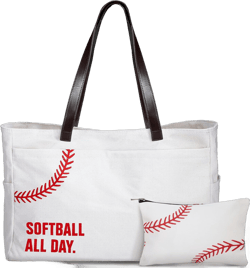 Sweetude Large Baseball Mom Tote Bag with Makeup Bag Shoulder Handbag Embroidery Baseball Seams Canvas Bag for Women White