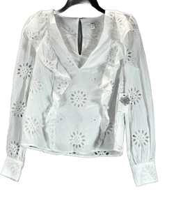 BAR III Women's White Cotton V-Neck Ruffled Eyelet Long-Sleeve Top SZ M
