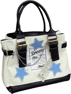 JHTPSLR Y2K Canvas Leather Tote Bag Women Teen Girls Stars Labels Patches Punk Chain Y2K Accessories Crossbody Bag Handbag Beige