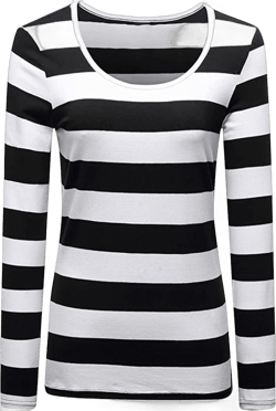 Women’s Where is Waldo Shirts Long Sleeve Striped T-Shirt Crew Neck Wide Stripes Tops Casual Tee Large Black White