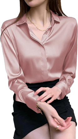 Women's Satin Blouse Fashion Long Sleeve Satin Silk Shirt Work Office Top Casual Shirt Pink X-Large