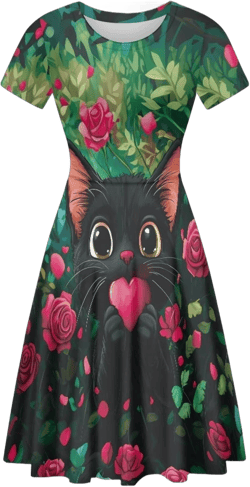 POLERO Women Puffy Swing Elegant Party Midi Dresses Short Sleeve Round Neck A-Line Dress