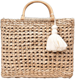 Fashion Women Summer Straw Crossbody Bag with Cute Tassels Pendant, Hand-Woven Beach Shoulder Bag with Top Wooden Handle Tote Bag (Khaki)