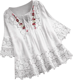 Summer Savings Clearance! YOTAMI Womens Lace Tops 3/4 Sleeve Bow V-Neck Patchwork Blouse Embroidery Retro Plus Size Solid Summer T-Shirts White M