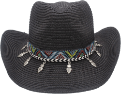 Straw Cowboy Hat for Women Western Wide Brim Men Cowboy Hat Classical Retro Beach Party Travel Outdoor Sun Cap Black
