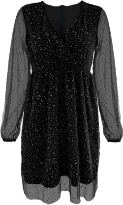 Women's Sequins Mini Dress Lantern Long Sleeve V Neck Mesh Patchwork Glitter Cocktail Party Short Dress Dance Dress X-Large Black