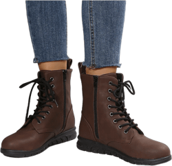 UKAP Women Comfortable Work Boot Outdoor Slip Resistant Side Zipper Ankle Boots Leather Booties Lace-Up Combat Boot Dark Brown 8