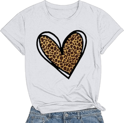 D-82 White Ladies Leopard Heart Lover Print Tshirts Crewneck Tee Tops for Women Short Sleeve Happy Gift Valentines Brunch Plain Fall Summer Tee Shirt 2025 ZI M