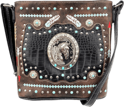 Zelris Western Horse Embroidered Feathers Turquoise PU Leather Concealed Carry Women Crossbody Bag Brown
