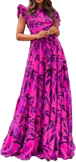 TIAFORD Women's Floral Print Maxi Dresses Ruffle Short Sleeve Casual Loose High Waist Party Dress Flowy Beach Dress X-Large Purple
