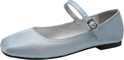 Women's Retro Satin Square Toe Flat Mary Janes Adjustable Buckle Elegant Comfortable Soft Sole Slip On Ballet Flats Casual Comfortable Office Work Everyday Dress Shoes 5 Light Blue
