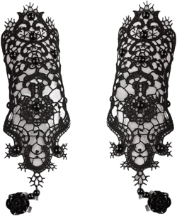 Black Lace Fingerless Gloves Women Gothic Floral Lace Steampunk Wristband Ring Imitation Pearl Handmade Lace Up Gloves Bridal Bracelet Ring Set - 1 Pair - S Size