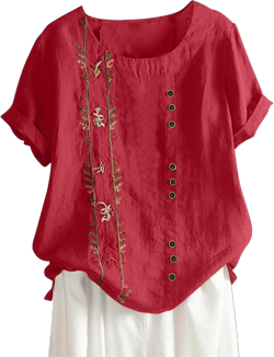 Women's Summer Tops Casual Cotton Linen T Shirts Short Sleeve Round Neck Shirt Oversized Floral Graphic Tees Red Linen Shirts for Women Small