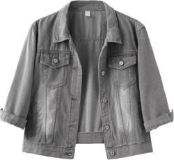 Locachy Womens 3/4 Sleeve Short Denim Jacket Lapel Button Down Cropped Trucker Jean Jackets Coats X-Large Grey