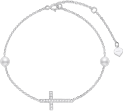 SISGEM Real 14k Gold Diamond Cross Bracelet for Women, Pearl Religious Jewelry Gifts for Her, 6.8-8.4 Inch (0.14 ct)