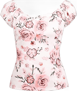 YARN & INK Women's Pinup Shirt 1950s Vintage Rockabilly Puff Sleeve BowBlouse Off Shoulder Tops Small Floral White Pink