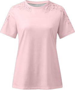 Women Lace Short Sleeve T-Shirt Summer Casual Blouse Dressy Crewneck Tops Plain Trendy Elegant Tee Shirts Tunics Pink Large
