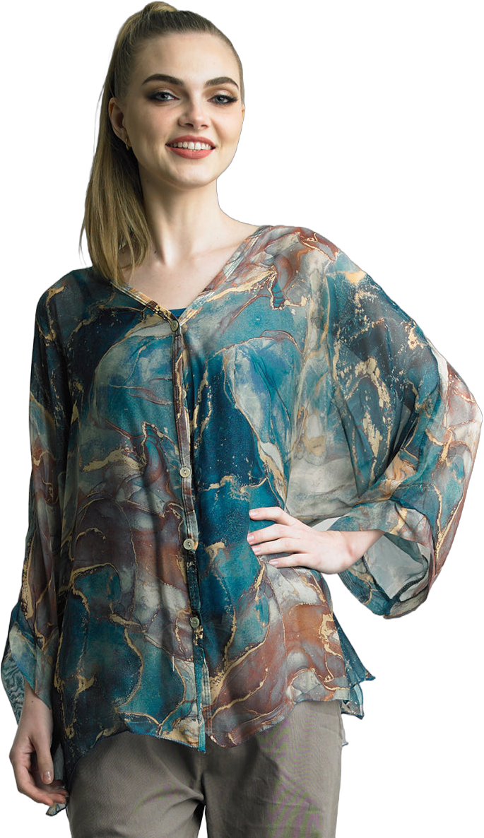 Women's silk button blouse with floral abstract print, lined