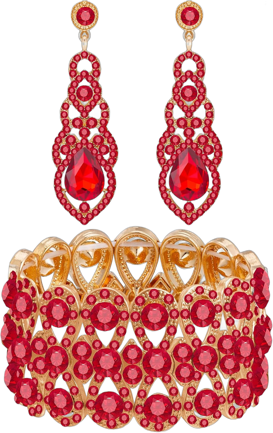 Womens Rhinestone Crystal Wedding Bridal Bridesmaid Tennis Bangles Statement Elastic Stretch Bracelets Rhinestone Chandelier Wedding Bridal Drop Dangle Earrings Jewelry Sets Red(Gold)